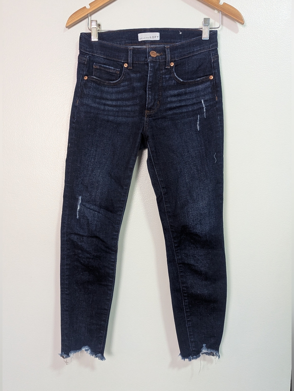 LOFT Dark Wash Distressed Chewed Hem Skinny Jean Size 26/2